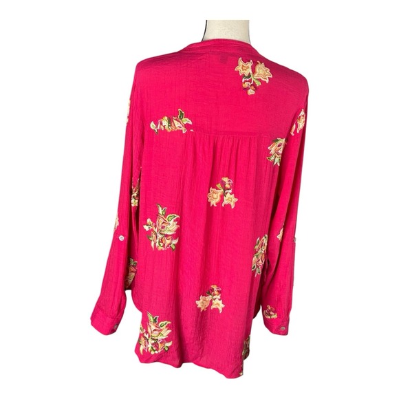 Figueroa & Flower Floral Blouse Pink Embroidered XL Button Roll‎ Tab Sleeve Fig - Picture 4 of 14